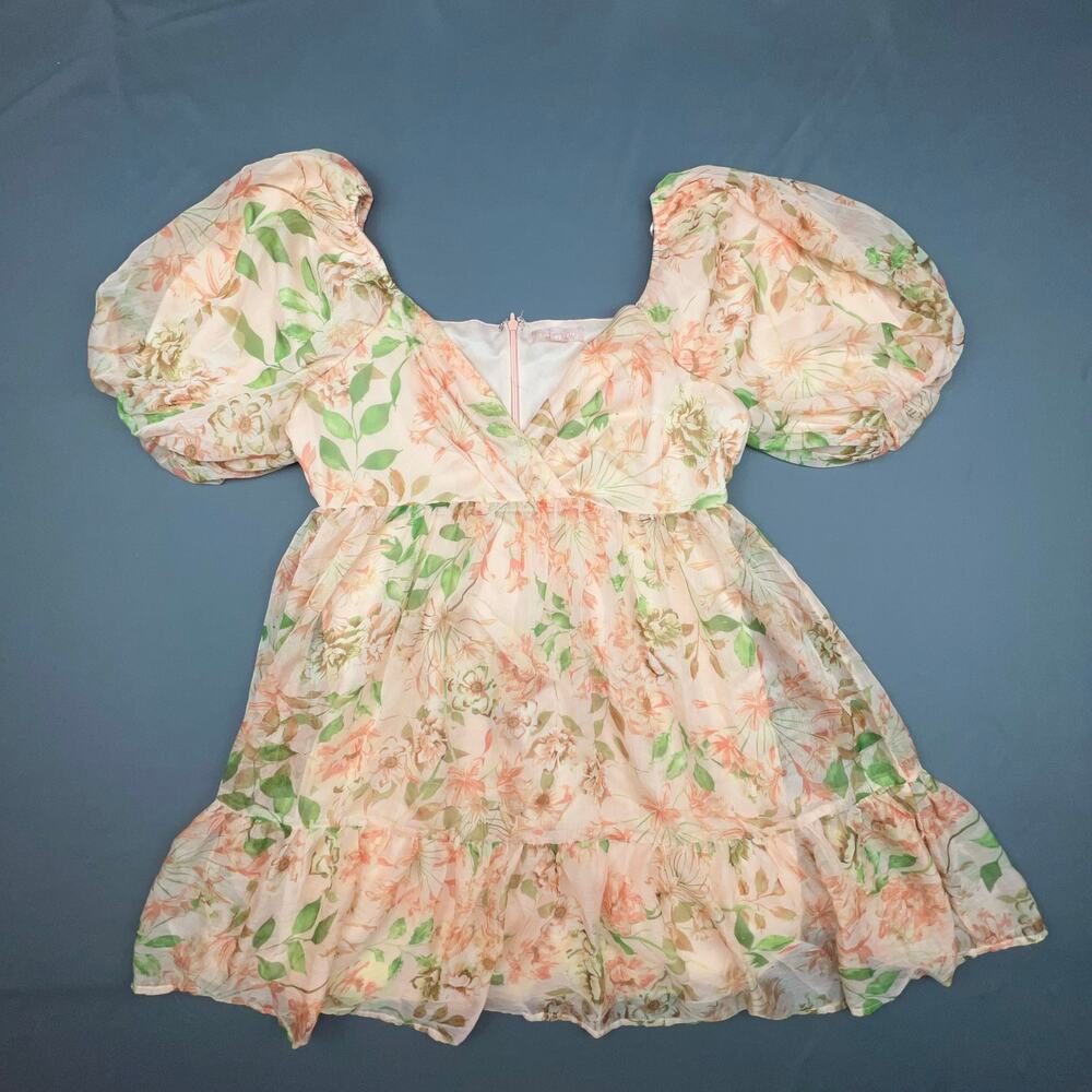 Lovecolette Peach Floral Dress M Feminine Babydoll Soft Coquette Balletcore
